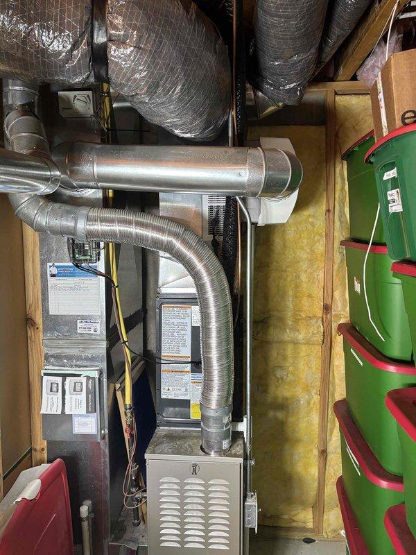 Completed full ACREP-AC system replacement including installation of new furnace unit in basement utility area and outdoor condensing unit on concrete pad adjacent to residence. Installed furnace with proper venting connections, aluminum flex duct to horizontal plenum, and integrated electrical panel with circuit breakers and wiring. Mounted outdoor condenser unit on existing concrete pad with electrical disconnect box and conduit run from exterior wall to unit. Verified all ductwork connections, electrical connections, and refrigerant lines between indoor and outdoor components. System tested and operational upon completion.