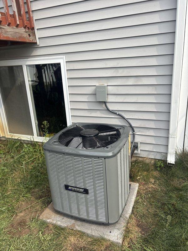Completed full ACREP-AC system replacement including installation of new furnace unit in basement utility area and outdoor condensing unit on concrete pad adjacent to residence. Installed furnace with proper venting connections, aluminum flex duct to horizontal plenum, and integrated electrical panel with circuit breakers and wiring. Mounted outdoor condenser unit on existing concrete pad with electrical disconnect box and conduit run from exterior wall to unit. Verified all ductwork connections, electrical connections, and refrigerant lines between indoor and outdoor components. System tested and operational upon completion.