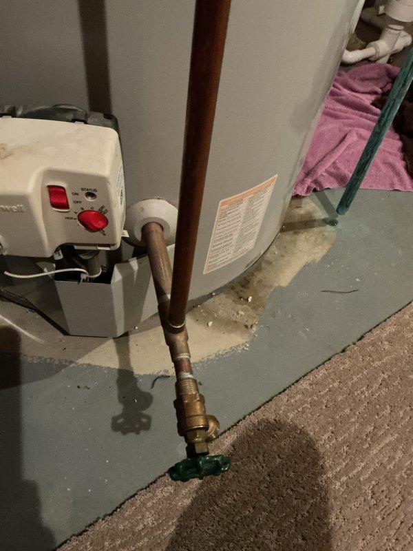 Provided estimate for replacement of 19-year-old water heater leaking from the bottom of the tank. Inspected unit and confirmed active leak at base, photographed existing plumbing connections including copper supply lines with shutoff valve and PVC drain piping, and documented current water heater control panel configuration for replacement specifications.