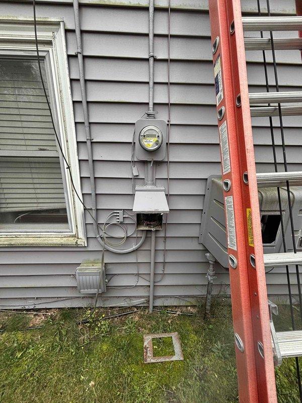 Completed electrical rewiring service at residential property. Addressed deteriorated electrical connections and corrosion buildup on exterior meter assembly and associated conduit system. Rewired compromised sections, secured all electrical components to code specifications, and restored safe operation of the electrical service entrance.