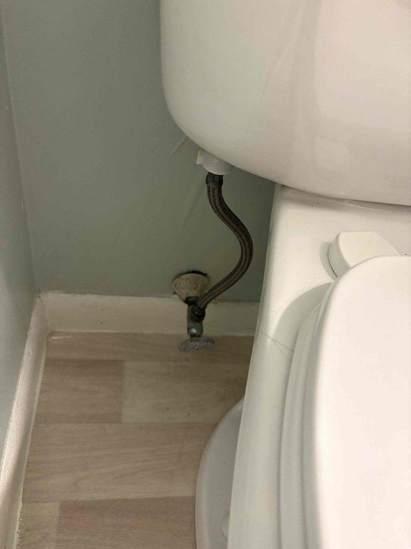 Responded to service call for toilet replacement in 1958-built home. Upon arrival, inspected non-functional toilet that had been out of service for several weeks. Documented existing conditions showing white porcelain toilet with exposed tank mechanism and black decorative water supply line in light blue-green painted bathroom with laminate flooring. Photographed plumbing connections including shut-off valve and supply line configuration for records. Toilet remained out of service with alternative bathroom facilities available to occupants.
