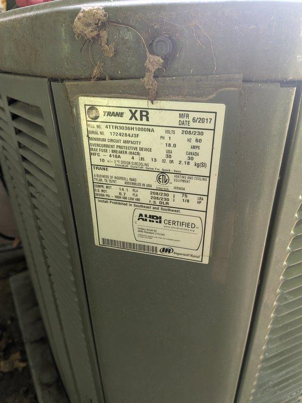 Completed annual cooling maintenance on Trane XR condensing unit (Model 4TTN3036H1000NA, manufactured June 2017). Inspected system components, documented outdoor unit condition showing typical weathering and debris accumulation, and noted rust staining present at interior ductwork seams indicating previous moisture exposure. Maintenance contract scheduled through 2026; air handler service appointment to be scheduled with client.