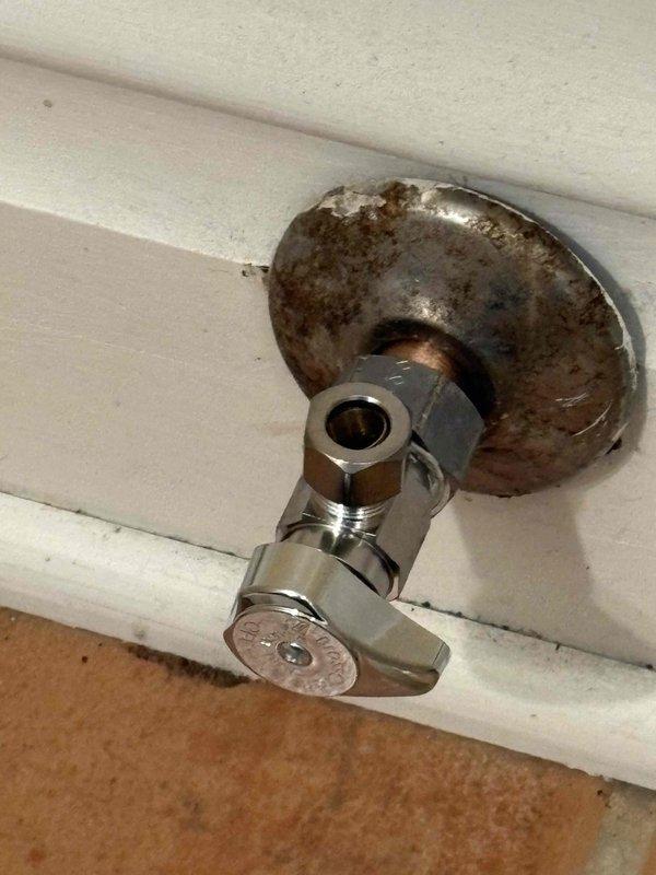Installed new toilet in upstairs bathroom of residential property built in 1914. Removed existing fixture and set new two-piece toilet on terracotta tile flooring, connecting to existing water supply line with chrome angle stop valve. Noted significant rust corrosion on escutcheon plate at wall penetration point, though valve remains functional. Tested for proper operation and verified no leaks at connections. Installation completed successfully with all fixtures operating as intended.