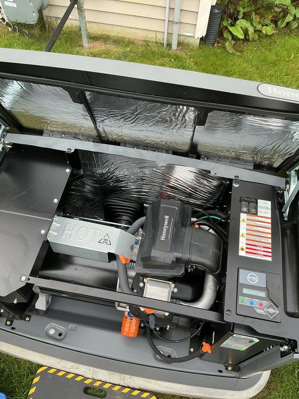 Completed annual inspection on Generac standby generator system. Verified operational status of all components including compressor, control panel, fuel system, and genuine Generac filter assembly. Removed access panels to inspect internal components, checked electrical connections, examined fuel lines and hoses for proper routing and condition, and confirmed all safety labels and warning indicators are intact. Generator tested and found to be functioning properly with no issues identified. Documented equipment condition with photographs and confirmed current contact information for service records.