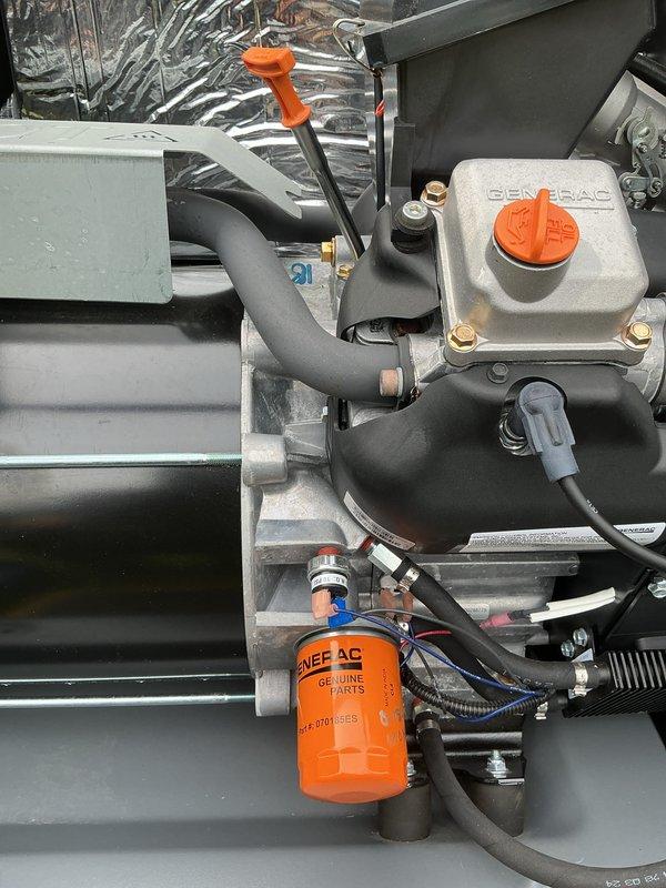 Completed annual inspection on Generac standby generator system. Verified operational status of all components including compressor, control panel, fuel system, and genuine Generac filter assembly. Removed access panels to inspect internal components, checked electrical connections, examined fuel lines and hoses for proper routing and condition, and confirmed all safety labels and warning indicators are intact. Generator tested and found to be functioning properly with no issues identified. Documented equipment condition with photographs and confirmed current contact information for service records.