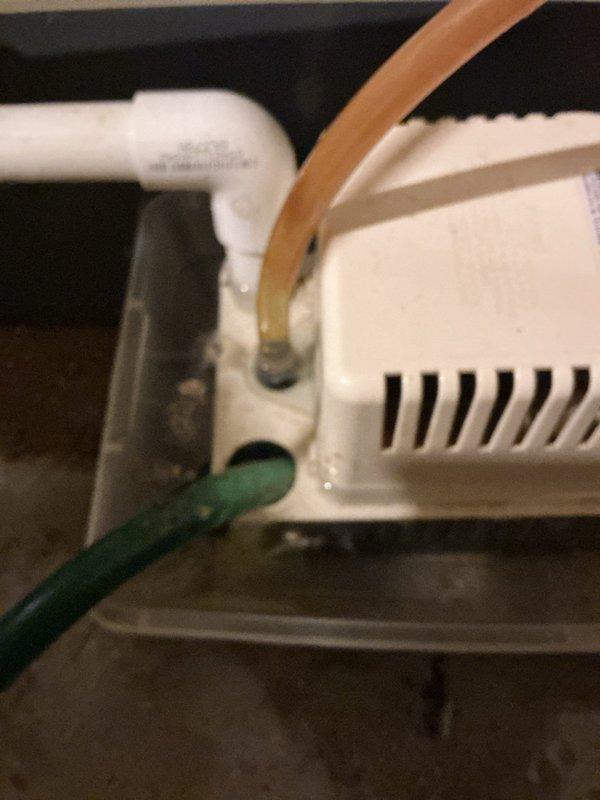 Completed annual cooling maintenance on 2018 EnergiAir system including standard tune-up procedures. Inspected condensate drainage system and pump assembly; noted significant corrosion on existing condensate pump requiring monitoring or future replacement. All accessible components photographed and system operational at time of departure.