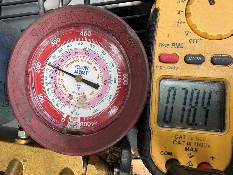 Responded to service call for non-operational 11-year-old EnergiAir humidifier system installed in 2019. Upon inspection, performed diagnostic testing using calibrated pressure gauge and digital multimeter to assess system functionality and electrical continuity. Documentation photos captured existing ductwork insulation condition showing significant deterioration and equipment testing measurements, with multimeter reading 0.184 during diagnostic procedures.