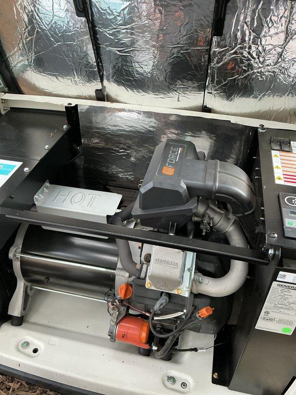 Completed four-year tune-up service on Generac generator system. Performed comprehensive inspection of fuel delivery system, engine components, and combustion assembly. Verified all fuel line connections, replaced orange protective caps, and inspected control electronics and blower motor housing. Documented equipment condition with photographs showing proper component configuration and operational readiness.