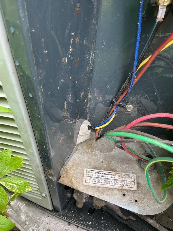 Completed annual cooling maintenance on Trane 2TTB0030A1000AA condensing unit. Performed comprehensive system inspection including electrical connections, capacitor testing, and component evaluation. Unit showed signs of age with accumulated dust, dirt, and surface corrosion on cabinet and internal components. All wiring connections were inspected and found secure despite visible age-related wear. Equipment is operational and ready for cooling season.