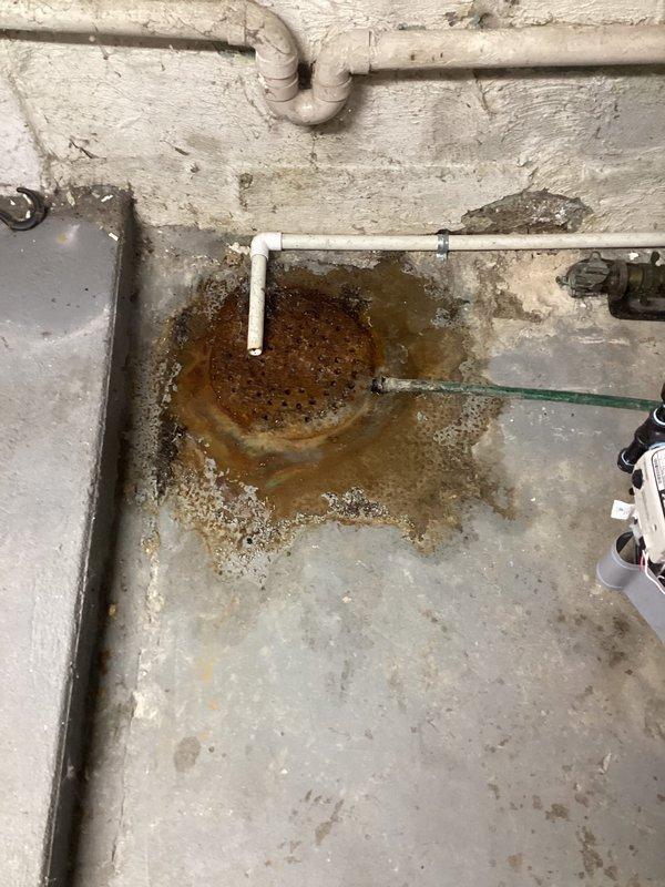 Responded to a basement main floor drain clog in a 103-year-old single-family residence where slow drainage had persisted for approximately nine months. Upon arrival, found significant water staining and deterioration around the floor drain basin, with stagnant water containing algae and organic buildup indicating long-term drainage issues. Deployed drain machine to clear the obstruction from the main floor drain line. Successfully restored proper drainage flow to the affected fixture, resolving the isolated clog without impact to other plumbing systems. Documented existing conditions showing extensive mineral deposits, concrete staining, and corroded drain components consistent with the age of the home and chronic moisture exposure.
