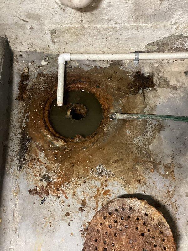 Responded to a basement main floor drain clog in a 103-year-old single-family residence where slow drainage had persisted for approximately nine months. Upon arrival, found significant water staining and deterioration around the floor drain basin, with stagnant water containing algae and organic buildup indicating long-term drainage issues. Deployed drain machine to clear the obstruction from the main floor drain line. Successfully restored proper drainage flow to the affected fixture, resolving the isolated clog without impact to other plumbing systems. Documented existing conditions showing extensive mineral deposits, concrete staining, and corroded drain components consistent with the age of the home and chronic moisture exposure.