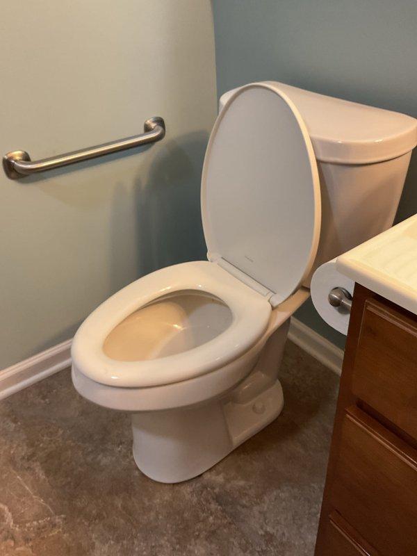 Removed existing toilet from master bathroom and installed customer-supplied replacement unit in single-family residence. Connected new water supply line from wall-mounted shut-off valve to toilet tank fill valve, ensured proper seal at floor flange, and verified functionality with no leaks detected. Installation completed in bathroom with accessibility grab bar present; all components functioning properly upon completion.