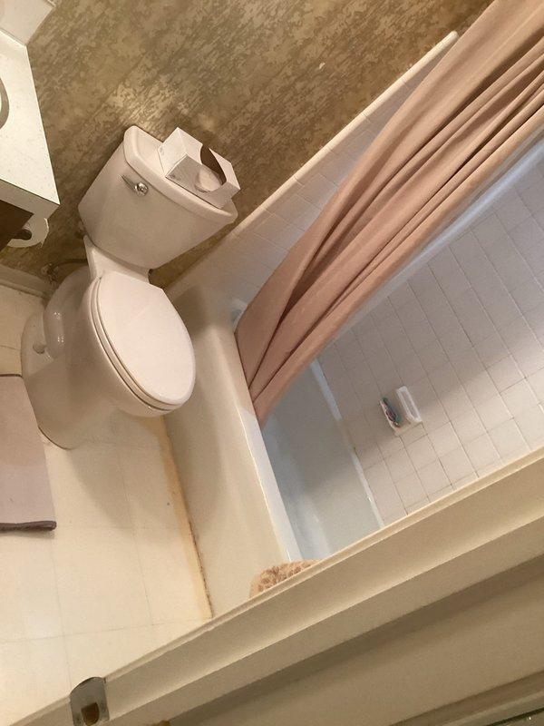Conducted on-site assessment for tub-shower replacement estimate. Documented existing bathroom conditions, including severe water damage and deterioration to upper shower wall surfaces with extensive peeling and flaking, while lower subway tile section and fixtures remain intact. Captured comprehensive photos of current plumbing fixtures, shower configuration, and overall bathroom layout to provide accurate project scope and material requirements for complete tub-shower installation quote.