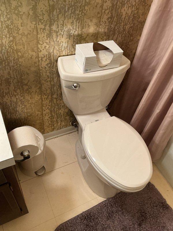 Conducted on-site assessment for tub-shower replacement project in residential bathroom. Documented existing bathroom configuration, including current fixtures, wall finishes with textured decorative treatment, beige tile flooring, and shower curtain setup to provide accurate project estimate for new tub-shower installation.