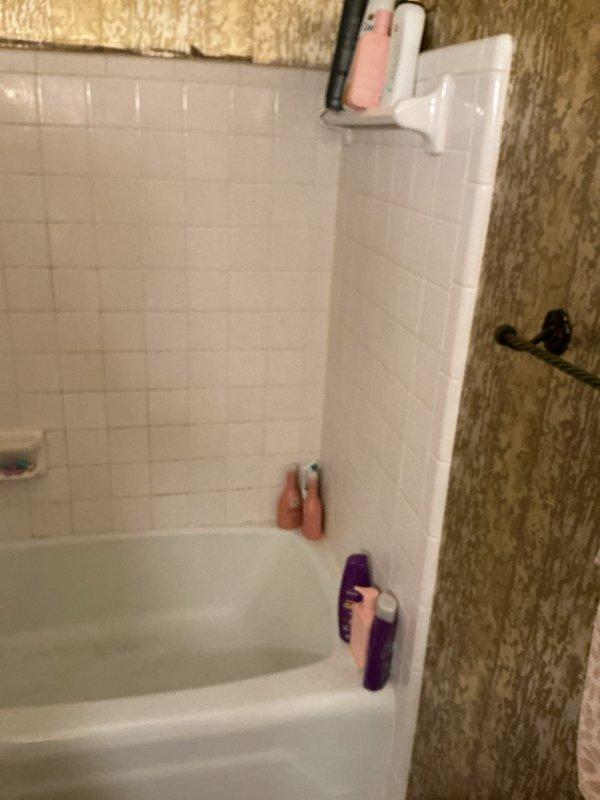 Conducted on-site assessment for tub-shower replacement estimate. Documented existing bathroom configuration featuring standard white bathtub with ceramic tile surround, chrome fixtures including grab bar and shower valve, and built-in soap dish. Photographed current installation to provide accurate quote for new tub-shower unit replacement.