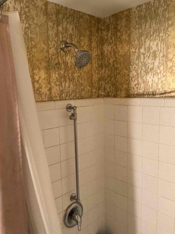 Completed on-site assessment for tub-shower replacement estimate. Existing bathroom features standard alcove-style white bathtub with surrounding tile work showing age-related deterioration. Upper wall surfaces above tile line exhibit significant water damage, discoloration, and suspected mold growth requiring remediation. Lower subway tile section remains structurally intact. Documented current fixtures including chrome shower head, grab bar, and controls. Photographed existing conditions to provide comprehensive quote for complete tub-shower unit replacement and wall surface restoration.
