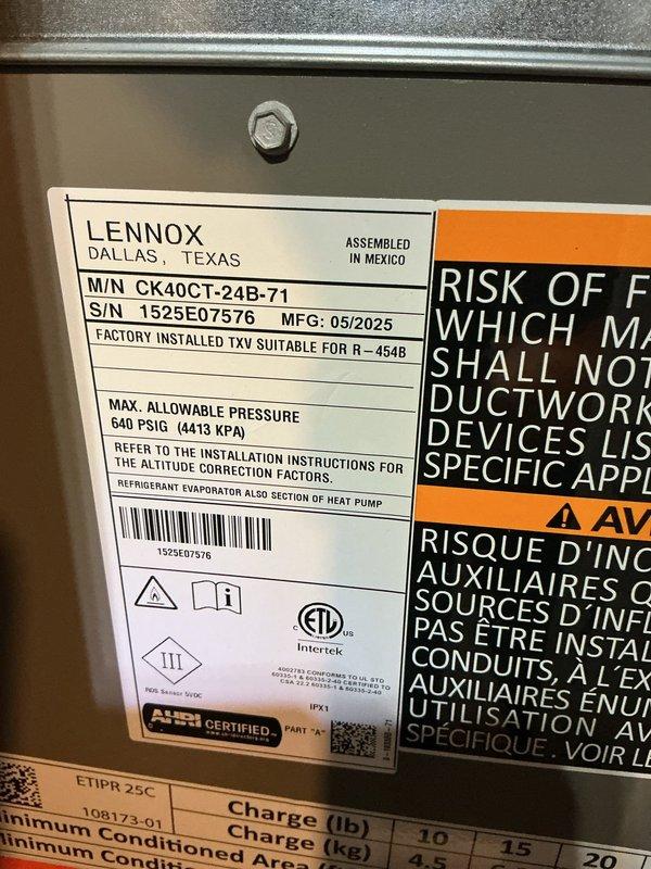 Completed comprehensive AC tune-up on 31-year-old Lennox model CK40CT-24B-71 system. Performed standard maintenance procedures including inspection of all mechanical components, verified proper refrigerant charge for R-454B system, checked electrical connections, and confirmed operational efficiency of the unit and associated ductwork in the basement mechanical room.