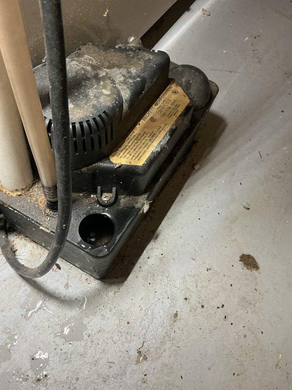 Responded to water leak complaint originating from furnace area. Upon inspection, identified failed condensate pump as source of water leakage. Unit showed significant age-related deterioration with visible corrosion on mounting hardware and platform surfaces. Documented existing conditions including rust staining around fasteners and moisture damage to equipment base. Provided customer with assessment and recommendations for condensate pump replacement to resolve active water leak issue.