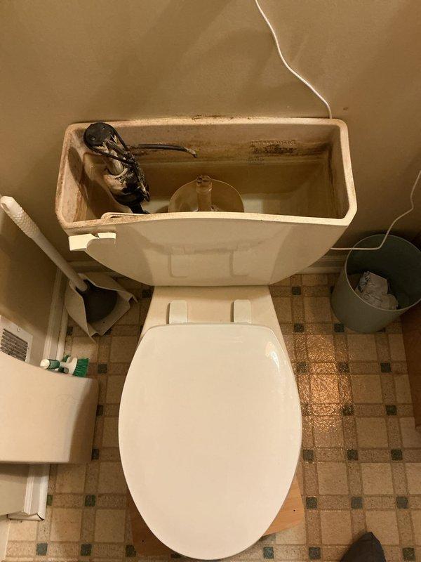 Responded to service call for two-toilet issue in 22-year-old residence. Upstairs toilet diagnosed with chronic overrunning condition causing water waste for 3-6 months. Removed tank lid and performed diagnostic inspection of flush valve assembly, fill valve, and float mechanism. Identified internal component failure causing continuous water flow and improper shut-off. Utilized blue dye test to confirm leak pathway and water flow issues within tank. Discussed repair options and recommended component replacement to restore proper function and eliminate water waste. Basement toilet assessed and determined to require full replacement. Provided consultation on available toilet models and installation options. Documented both fixtures with photographic evidence for service records.