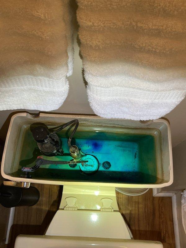 Responded to service call for two-toilet issue in 22-year-old residence. Upstairs toilet diagnosed with chronic overrunning condition causing water waste for 3-6 months. Removed tank lid and performed diagnostic inspection of flush valve assembly, fill valve, and float mechanism. Identified internal component failure causing continuous water flow and improper shut-off. Utilized blue dye test to confirm leak pathway and water flow issues within tank. Discussed repair options and recommended component replacement to restore proper function and eliminate water waste. Basement toilet assessed and determined to require full replacement. Provided consultation on available toilet models and installation options. Documented both fixtures with photographic evidence for service records.