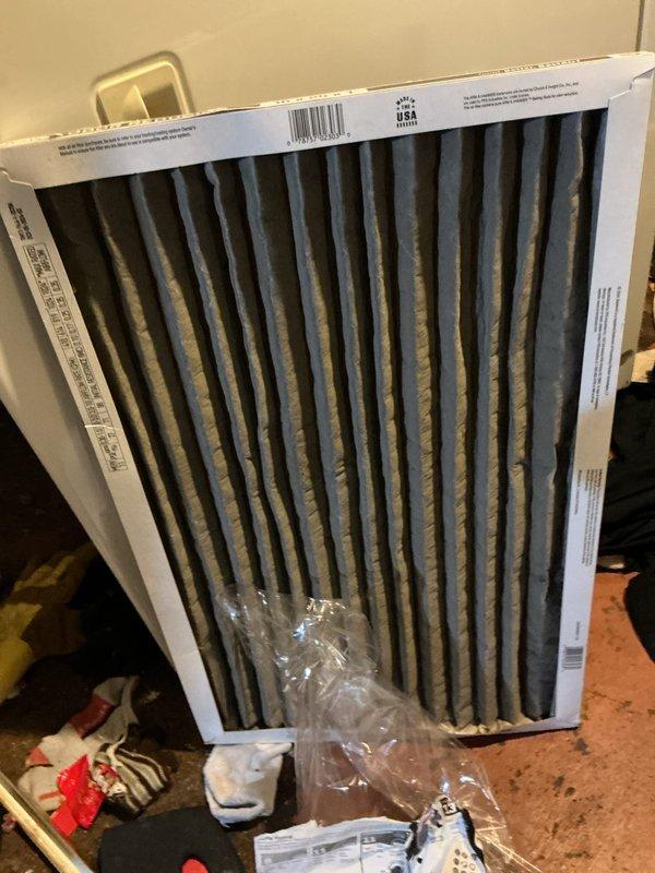 Completed annual cooling system maintenance and inspection as part of 3-year service agreement. Replaced heavily soiled air filter that showed significant dust and particulate accumulation throughout pleated media. Inspected condensate drain system components including pump assembly with brass fittings and drain pan, verifying proper operation and clearing any potential blockages to prevent water damage.