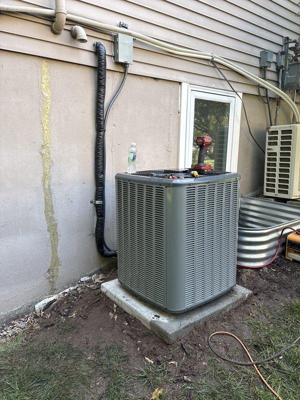 Performed no-charge assessment and maintenance on residential HVAC system, including rotation of outdoor AC condenser unit to optimize airflow and clearances. Inspected refrigerant lines, electrical connections, and disconnect box to ensure proper installation and operation. Addressed homeowner concerns regarding system performance and documented current equipment condition with photographs for service records.