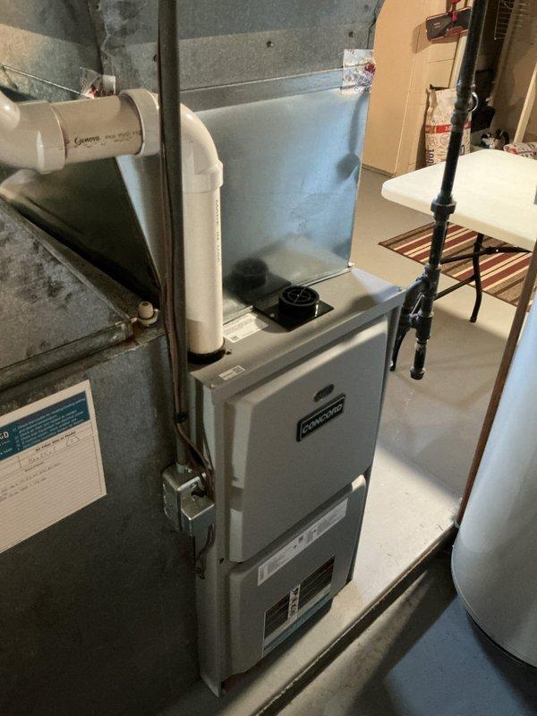 Completed annual heating maintenance on 8-year-old Concord furnace system. Performed comprehensive tune-up including inspection of heat exchanger, burner assembly, and all mechanical components. Verified proper operation of blower motor, checked electrical connections, and tested safety controls. Inspected condensate drainage system and PVC venting. System operating within manufacturer specifications with no immediate concerns identified.