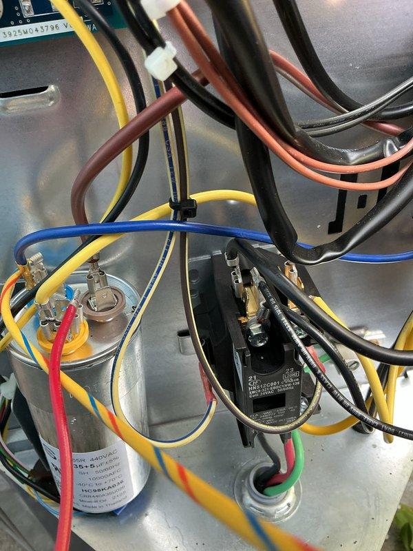 Responded to no cooling call with outdoor unit not operating and furnace fan running continuously. Upon inspection, found failed dual run capacitor preventing compressor and condenser fan motor operation. Replaced defective capacitor, verified proper electrical connections at contactor, and tested system operation in cooling mode. Unit now cycling properly with thermostat calling for cooling, outdoor unit running as designed, and indoor fan operating correctly in auto mode.