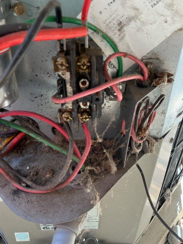 # Air Conditioning No-Start Diagnostic

Responded to service call for 16-year-old air conditioning system that would not start or kick on. Upon arrival, performed comprehensive diagnostic evaluation of outdoor condensing unit and electrical components.

Inspection revealed extensive dirt, debris, and organic material accumulation throughout the electrical connection areas, including terminal blocks, contactors, and wiring compartments. Heavy soiling was observed on brass terminal connections with multiple colored control wires (red, green, black, pink, purple) showing disorganized routing and loose bundling. The outdoor unit displayed significant weathering and environmental exposure effects, with debris buildup around the base and mounting surfaces.

Examined electrical contactor assembly and found heavy contamination affecting electrical connections. Terminal block showed thick layer of dust and grime accumulation that had built up over extended period without regular maintenance. Al