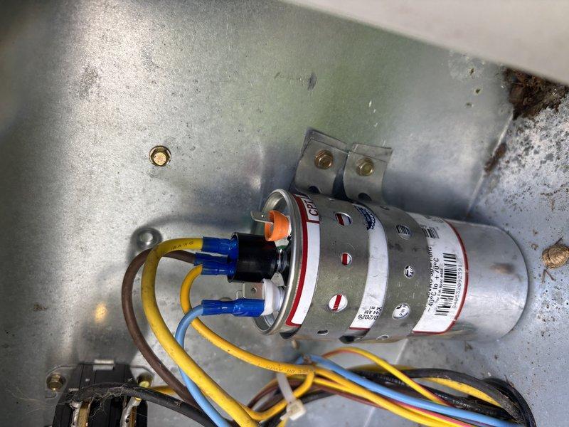 Responded to no-cool service call where outdoor unit failed to operate while indoor blower continued running. Diagnosed failed dual run capacitor in outdoor condensing unit serving approximately 10-year-old air conditioning system. Replaced defective capacitor with properly rated replacement, restoring normal compressor and condenser fan operation and full cooling functionality to the home.