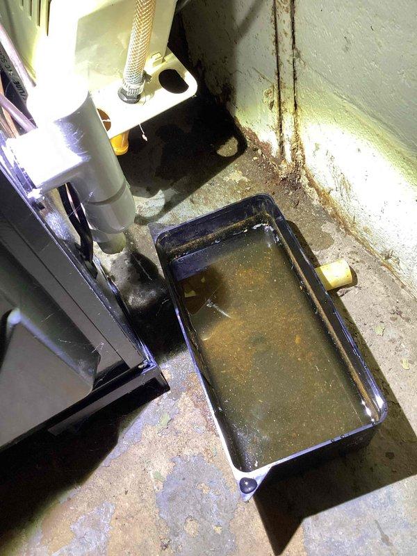 Completed annual heating and cooling maintenance on 3-year-old EnergiAir AC unit and 13-year-old EnergiAir furnace system. During inspection, identified significant moisture accumulation in condensate drain pan with standing water containing sediment and algae buildup, indicating drainage system obstruction. Observed extensive water damage and staining on basement floor and walls near HVAC equipment, suggesting chronic condensate drainage issues requiring attention. Performed standard tune-up procedures on both units including filter inspection, electrical connections check, and operational testing. Documented moisture concerns with photos for customer review and recommended condensate line cleaning and drain pan maintenance to prevent future water damage and potential equipment corrosion.
