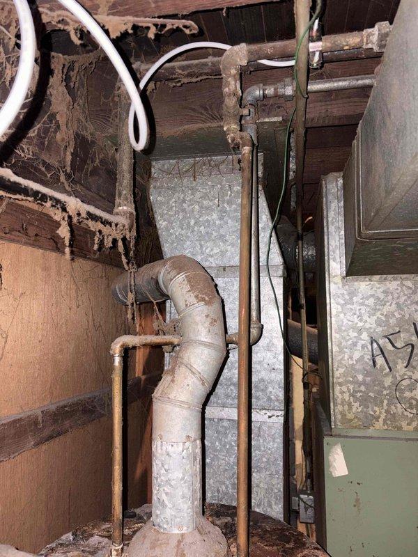 Provided water heater replacement estimate for 24-year-old unit located in basement with deteriorated insulation on existing plumbing infrastructure. Documented current conditions including aged piping, exposed joists, and utility space configuration to develop comprehensive replacement proposal.