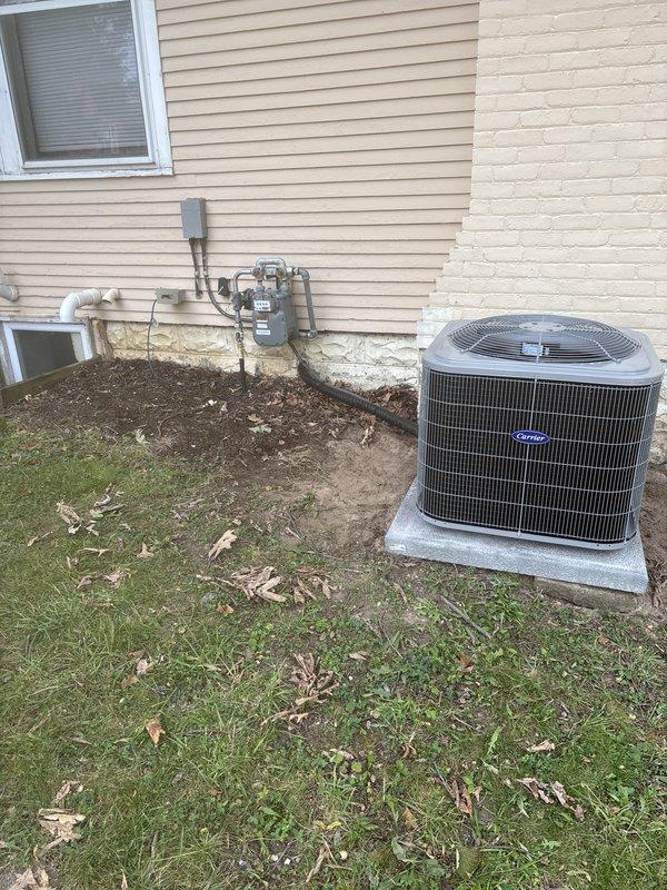Completed full HVAC system replacement including outdoor condenser unit and indoor furnace. Installed new Carrier brand air conditioning condenser on existing concrete pad with proper refrigerant line connections and electrical hookup. Replaced furnace unit in basement utility area with complete ductwork integration, including metal supply and return ducts. Installed new PVC condensate drain lines with proper pitch and trap configuration. Connected copper refrigerant lines between outdoor condenser and indoor evaporator coil. Verified all electrical connections at meter base and confirmed proper voltage supply to equipment. Tested system operation including airflow, refrigerant charge, and thermostat communication. All components functioning within manufacturer specifications upon completion.