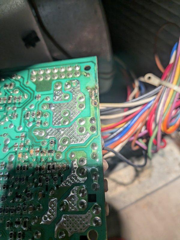 Responded to no heat call at single family residence. Upon arrival, diagnosed failed control board in HVAC system. Removed defective printed circuit board from unit, documented condition with photos showing burned solder connections and damaged circuitry. Replaced control board and verified proper system operation before departure.