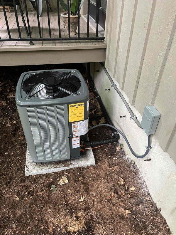 Completed full ACREP-AC system installation including outdoor condenser unit and indoor air handler components. Installed new condenser on concrete pad with proper electrical disconnect and conduit routing, positioned unit for optimal airflow with adequate clearance from building structure. Inside mechanical room, installed new air handler with integrated evaporator coil, connected to existing ductwork using flexible and rigid metallic transitions. Established refrigerant line sets between indoor and outdoor units, performed vacuum test, and charged system to manufacturer specifications. Completed all electrical connections including power supply from disconnect box to condenser and air handler wiring. Verified proper drainage from condensate system. System startup performed successfully with all safety controls operational and airflow balanced throughout distribution system.