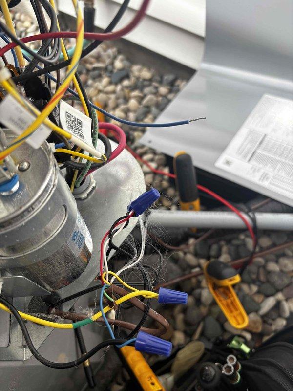 Completed annual cooling maintenance and tune-up on 0-year-old Carrier unit model WT 11-2035. Performed comprehensive system inspection including interior cabinet components, blower housing, and electrical connections. Inspected and tested motor assembly with all associated wiring connections, verified proper wire terminations and secure wire nut connections on multi-conductor wiring. Checked condensate pump operation and drainage system functionality. All safety labels and clearance specifications verified to be present and legible. System tested and operating within normal parameters.