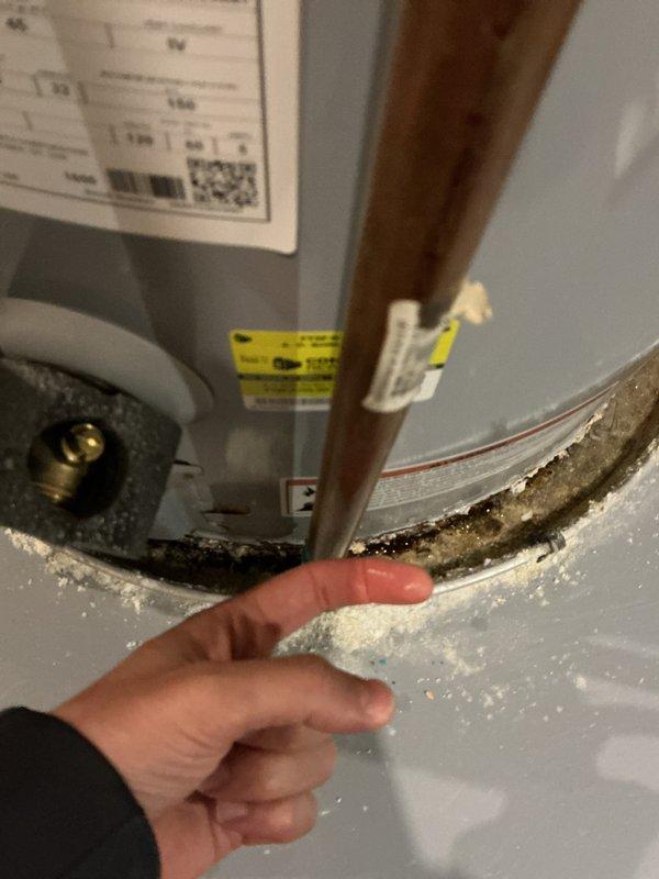 Completed annual heating and cooling tune-up service on two 5-year-old Trane units, furnace, and water heater. Inspected and serviced AC system, air handler, and furnace per manufacturer specifications; no humidifier present on system. Documented significant mineral deposit buildup and corrosion at water heater base indicating active or previous leakage requiring attention. Noted substantial dust and debris accumulation on blower assembly components within air handler unit. Photographed conditions for customer records and recommended addressing water heater leakage issue and scheduling thorough cleaning of HVAC blower components to maintain system efficiency and prevent premature equipment failure.