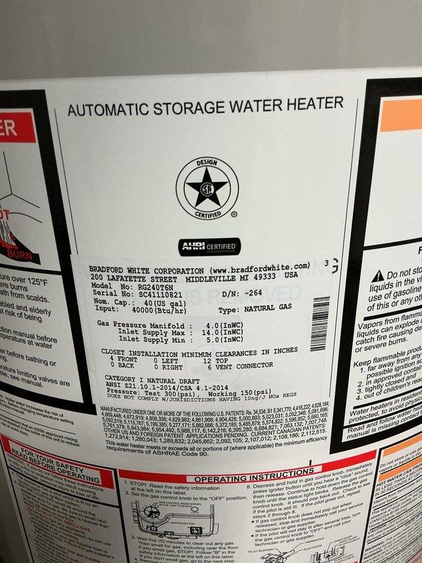 Provided estimate for replacement of existing 40-gallon water heater with Bradford White 40-gallon gas water heater. Current unit is a Bradford White model located in basement utility area with copper supply lines and flexible connectors. Customer will supply drip pan for installation with new unit.