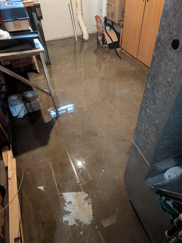Responded to water leak originating from 16-year-old furnace in basement. Upon arrival, found significant flooding throughout basement area with standing water covering floor. Inspection revealed moisture and condensation accumulation within furnace cabinet compartment, with water droplets visible on interior metal walls and base. Identified leak source as condensate drainage issue from HVAC unit. Documented conditions with photos showing water damage extent and furnace interior moisture buildup. Customer advised of findings and recommended follow-up for proper drainage repair and water extraction services to prevent further damage to basement and equipment.
