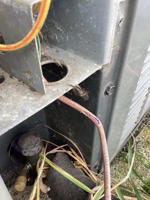 Completed annual cooling maintenance on 9-year-old EnergiAir system. Performed comprehensive inspection of outdoor condensing unit, including examination of refrigerant lines, electrical connections, and cabinet condition. Verified all electrical wiring connections are secure with proper color-coding intact. Inspected copper refrigerant lines showing normal age-related oxidation with no signs of leaks or damage. Documented equipment condition through photos showing all major components, wiring harnesses, and brass fittings in proper working order with typical wear for unit age.