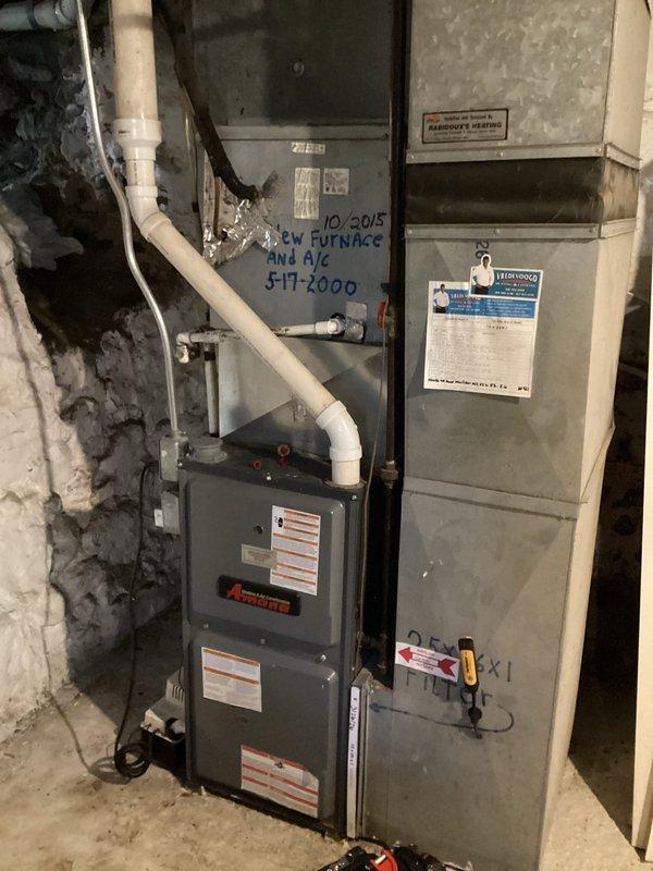 Completed annual cooling maintenance on 13-year-old Goodman AC system. Performed comprehensive tune-up including inspection of air handler, condenser unit, and associated components. Verified system operation, checked refrigerant levels, cleaned coils, and confirmed proper airflow throughout the system. All safety labels and manufacturer specifications documented and photographed for service records. System operating within normal parameters with no immediate concerns identified.