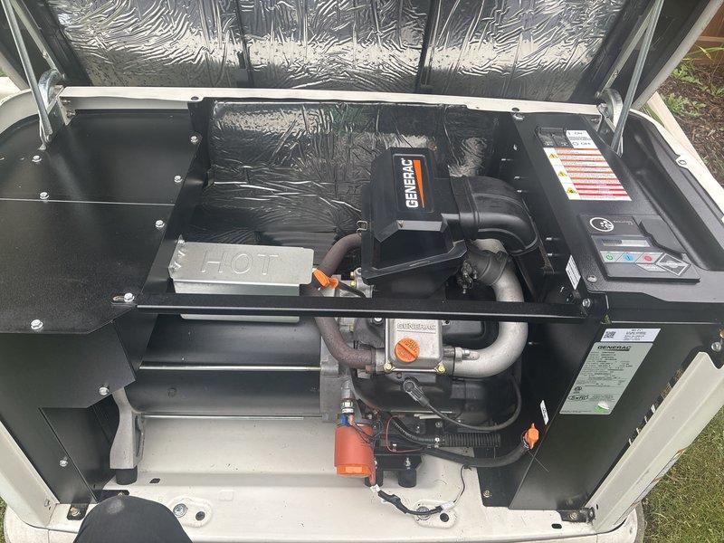 Performed comprehensive tune-up and preventive maintenance on 9-year-old Generac standby generator unit. Inspected engine components including oil fill system, dipstick, fuel lines, and electrical connections. Verified proper operation of all mechanical assemblies, checked piping connections, and examined heat exchanger components. Documented equipment condition through photographs showing engine housing, internal enclosure components, and control systems. Successfully enrolled customer in maintenance club program covering generator, furnace, air conditioning unit, and two unit heaters for ongoing service coverage.