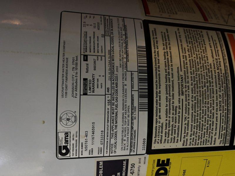 Responded to reported water heater leak and performed diagnostic inspection of Whirlpool residential tank-style water heater. Upon arrival, documented equipment specifications and assessed unit condition, noting visible moisture on concrete floor near base of water heater. Photographed manufacturer data plate and equipment labels for service records and confirmed water heater model and age information.