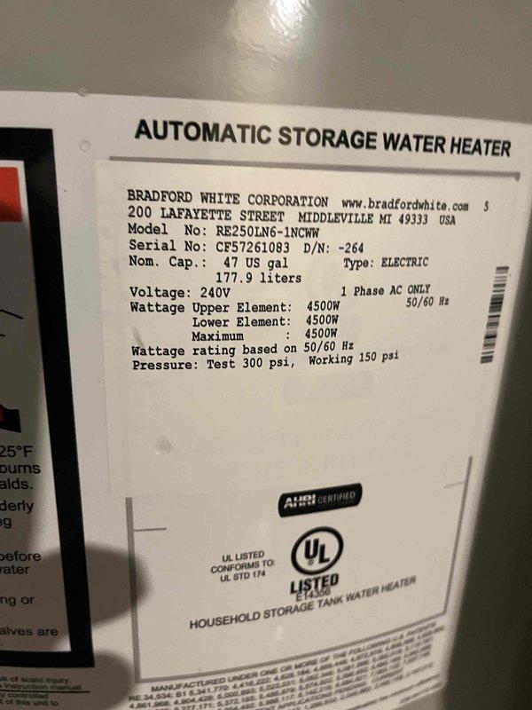 Successfully installed a 47-gallon Bradford White electric water heater (Model RE250LN6-1NCWW) in the attic space. The lowboy unit features dual 4500-watt heating elements operating at 240V single-phase and was properly connected to existing plumbing lines with foam-insulated supply pipes and brass fittings. All electrical connections were completed to manufacturer specifications, and the installation was verified to meet AHRI and UL certification standards.