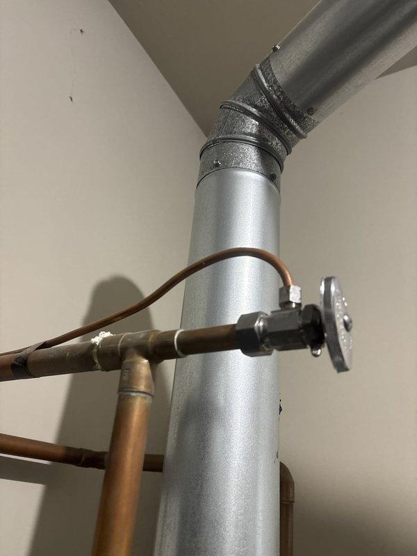 Responded to a water leak emergency in the mechanical room affecting the furnace. Identified and repaired a leaking elbow fitting on the recirculating line between the water heater and furnace that was actively spraying water onto the furnace equipment. Additionally, replaced a faulty shut-off valve on the humidifier water feed line that was also leaking. Both repairs completed to restore proper operation and prevent water damage to HVAC equipment.