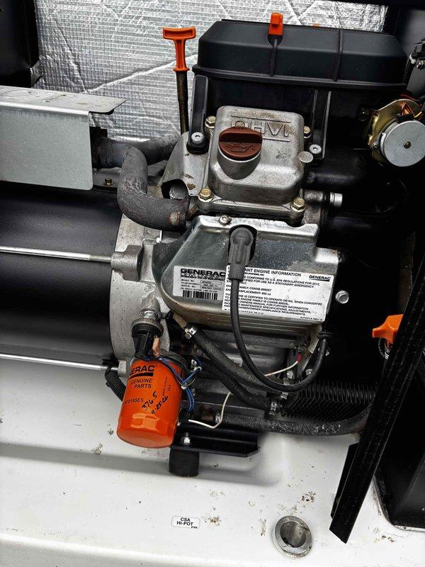 # Generator Diagnostic Service - Follow-Up Visit

Returned to site for continued diagnosis of 14-year-old Generac generator unit that was displaying error codes and experiencing operational failure. Upon arrival, accessed internal compartments by removing service panels to inspect electrical and mechanical components.

Performed visual inspection of engine assembly, including examination of air filter housing, engine block, and associated connections. Checked oil level using dipstick and verified fluid conditions. Inspected wiring harnesses, relay components, and electrical connections throughout the unit for signs of failure, corrosion, or loose connections.

Removed and tested electrical relay component from control system to determine if faulty relay was source of error code generation. Examined internal wiring connections, orange wire caps, and junction points for proper termination and continuity. Inspected compressor assembly, refrigerant lines with insulation, and associated mec
