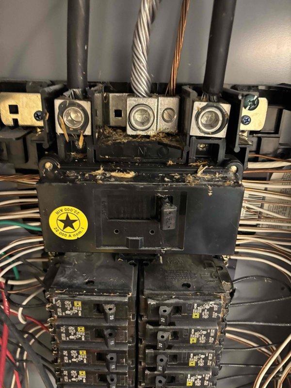 Responded to service call for oven circuit breaker repeatedly tripping. Upon arrival, inspected main electrical panel and identified significant debris accumulation and evidence of overheating on the main bus bar and terminal connections. Found contamination affecting breaker connections and potential arcing damage in the panel interior. Documented existing conditions with photographs showing compromised electrical components and safety concerns. Panel exhibited signs of thermal stress with discolored materials and burnt residue on terminal areas. Recommended immediate panel evaluation and potential replacement due to safety hazards present in the electrical distribution system.