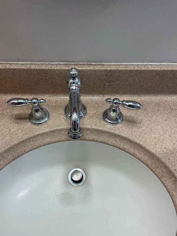 Completed bathroom faucet repair service for member with active monthly plan. Serviced chrome fixtures on both the bathtub's traditional-style single-handle faucet with diverter and the bathroom sink's three-piece faucet assembly with dual lever handles, ensuring proper operation and resolving reported plumbing issues.