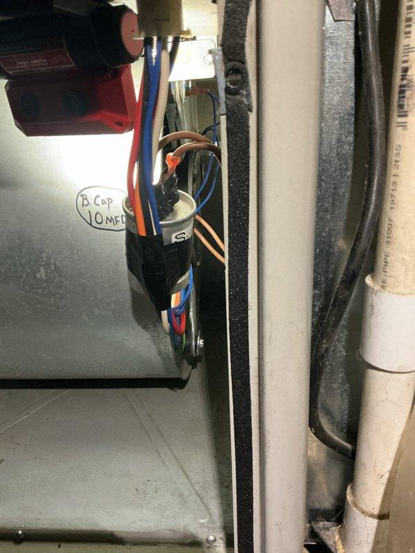 Completed furnace super tune-up on 8-year-old Nordyne unit. Inspected and tested blower capacitor (10 MFD), verified all electrical connections and wiring integrity, and examined flame sensor operation. All components found functioning within normal parameters, system operating efficiently.