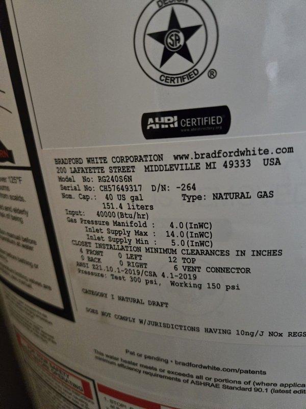 Successfully completed installation of a Bradford White 40-gallon natural gas water heater (Model RG24056N) in the mechanical room. Removed existing water heater and installed new unit with proper copper piping connections, brass fittings, and required safety valves. Connected gas supply line with appropriate pressure regulation per manufacturer specifications (40,000 BTU/hr input rating). Installed temperature and pressure relief valve, expansion tank connections, and verified all plumbing connections for leaks. Ensured proper venting and clearance requirements per installation guidelines. Tested unit operation, verified proper gas combustion, and confirmed water heating functionality. All work completed to code compliance and manufacturer specifications.